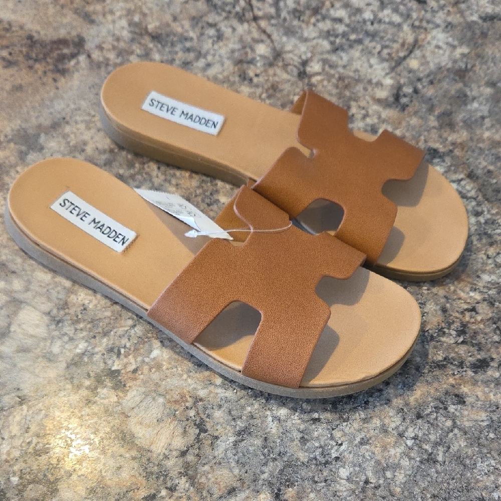 Steve Madden Size 6 NEW Tan Leather Slide Sandals - Picture 1 of 8